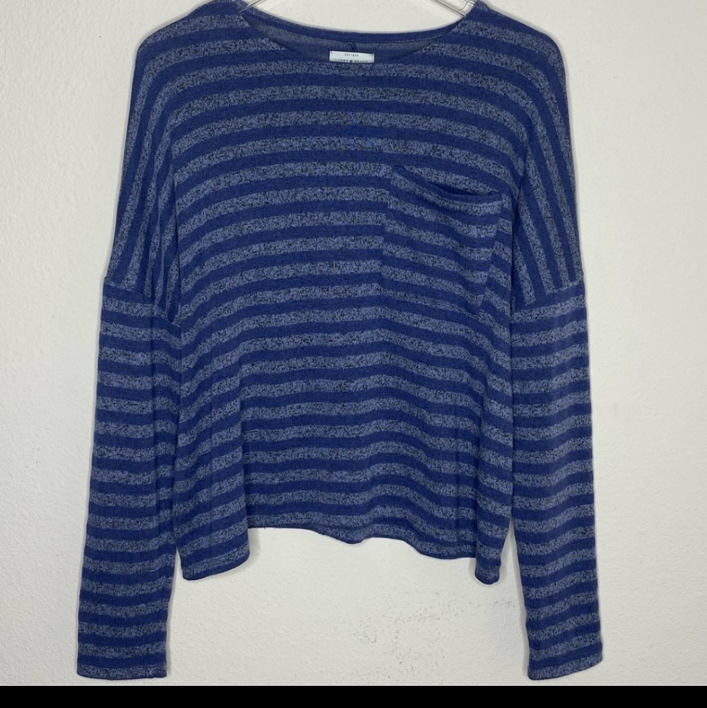 Lucky Brand Blue Striped Top Pocket Drop Long Sleeve Boxy